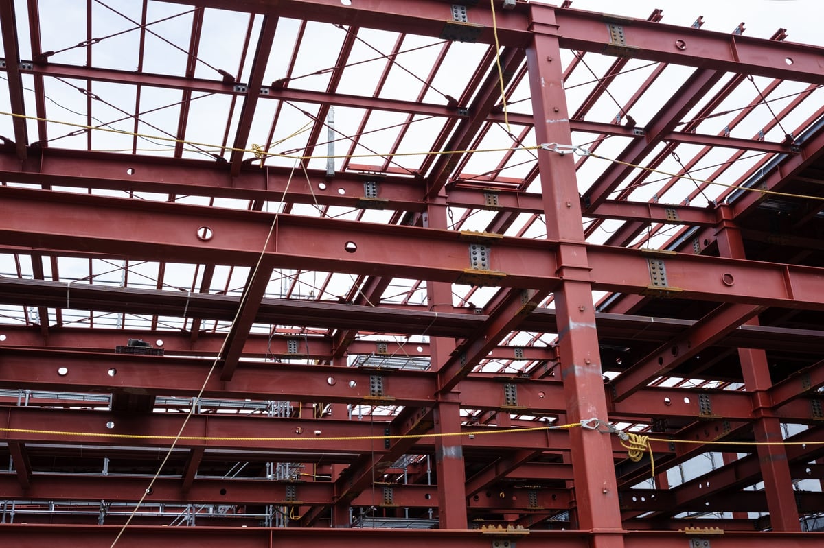 A building under construction using steel frames